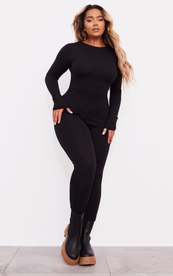 Shape Black Rib Underbust Detail Long Sleeve Jumpsuit