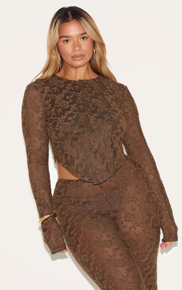 Shape Chocolate Textured Lace Button Front Cardigan