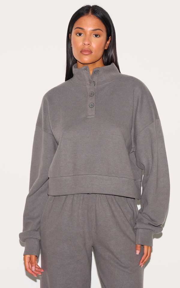 Tall Charcoal Brushed Button Up Sweatshirt