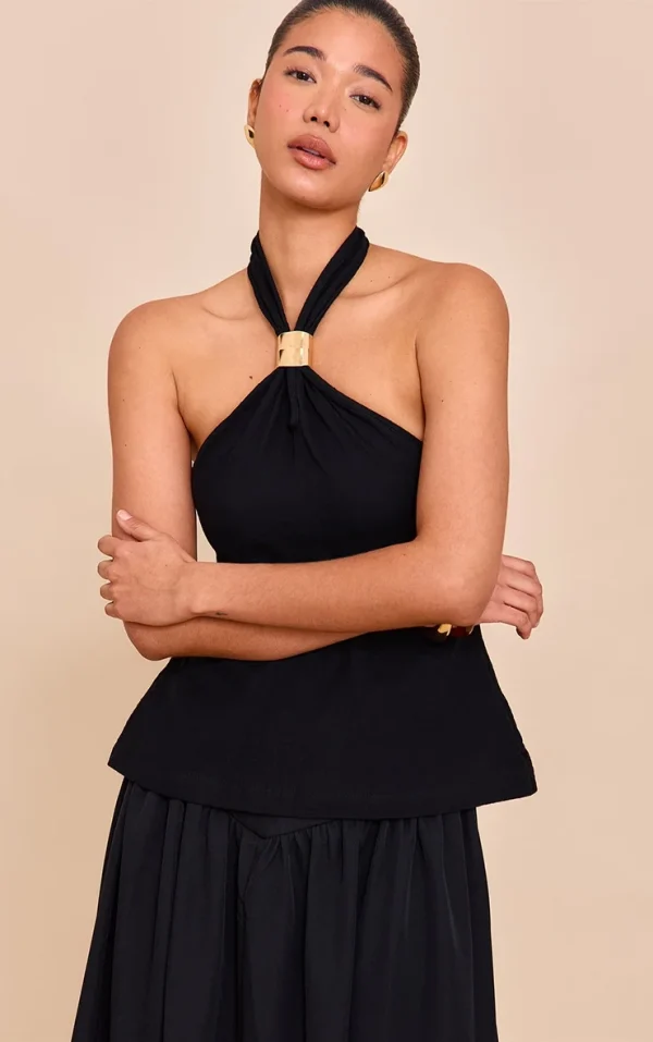 Black Lightweight Woven Halterneck Trim Detail Top