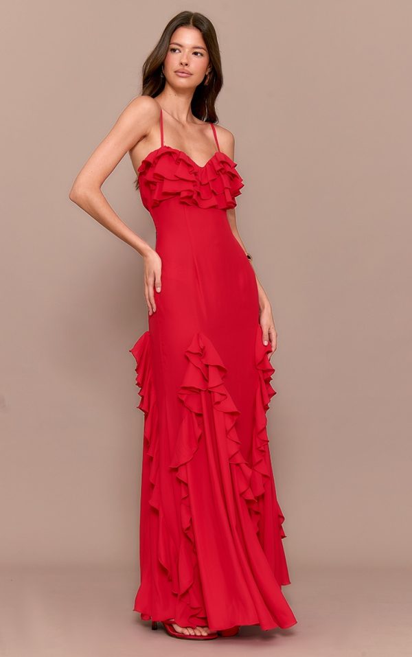 Red Frill Cup Detail Maxi Dress