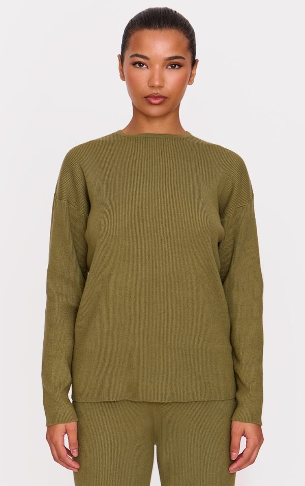 Khaki Light Rib Knit Oversized Top