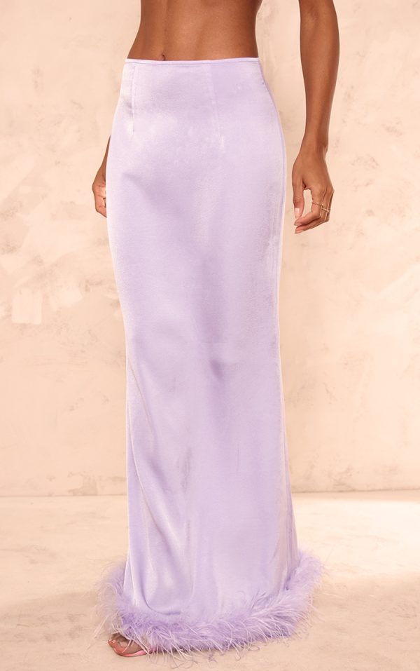 Lilac Feather Trim Satin Maxi Skirt