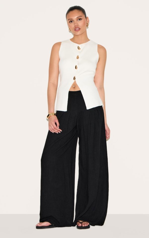 Black Linen Blend Floaty Pin Tuck Wide Leg Pants
