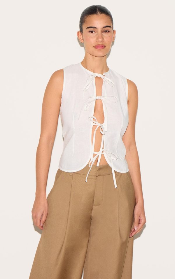 White Lightweight Woven Tie Front Vest