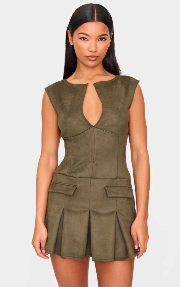 Khaki Faux Suede Pleated Pocket Detail Shift Dress