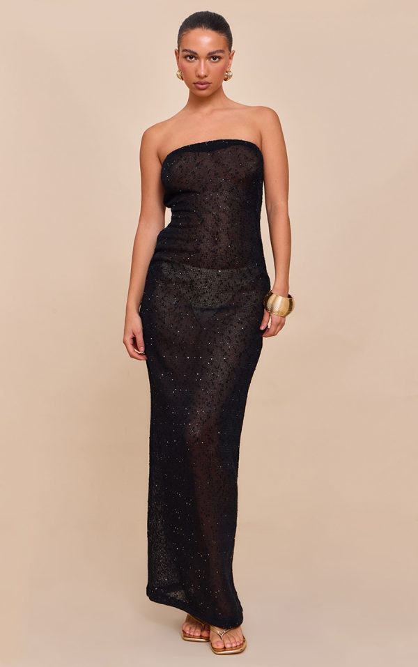 Black Sequin Sheer Bandeau Maxi Dress