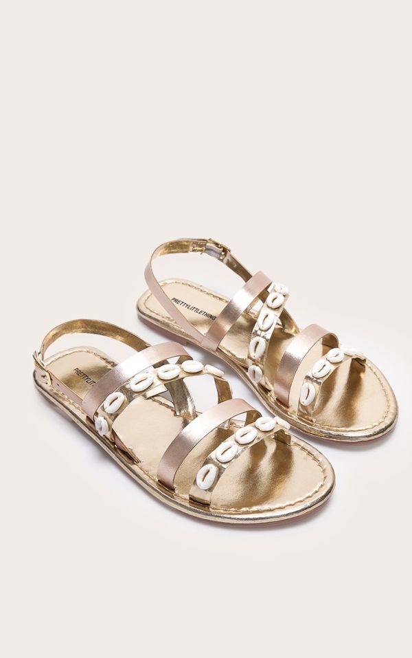 Gold Real Leather Wide Fit Round Toe Shell Strap Sandals