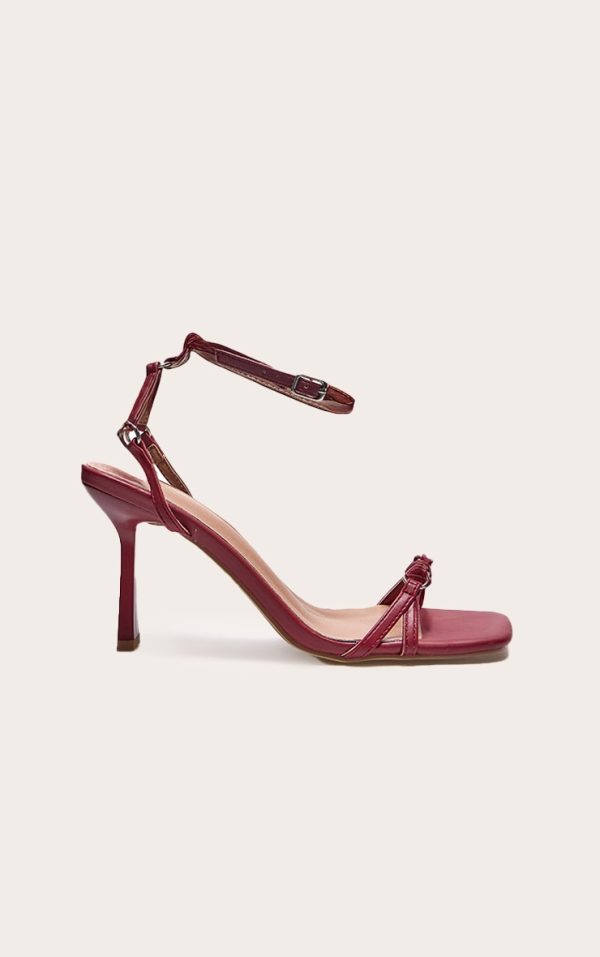 Burgundy PU Square Toe Buckle Detail Barely There Mid Heeled Sandals