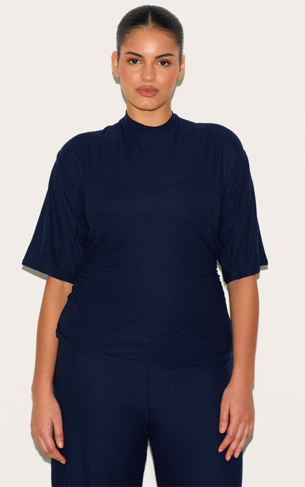 Plus Navy Soft Touch Ruched Oversized Short Sleeve T-shirt