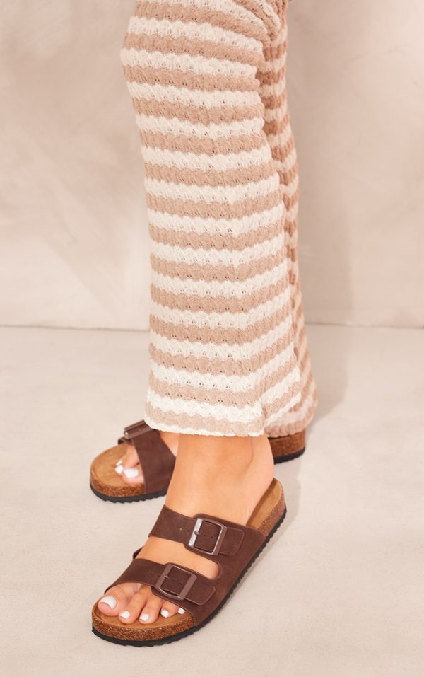 Chocolate Faux Suede Round Toe Buckle Sandals