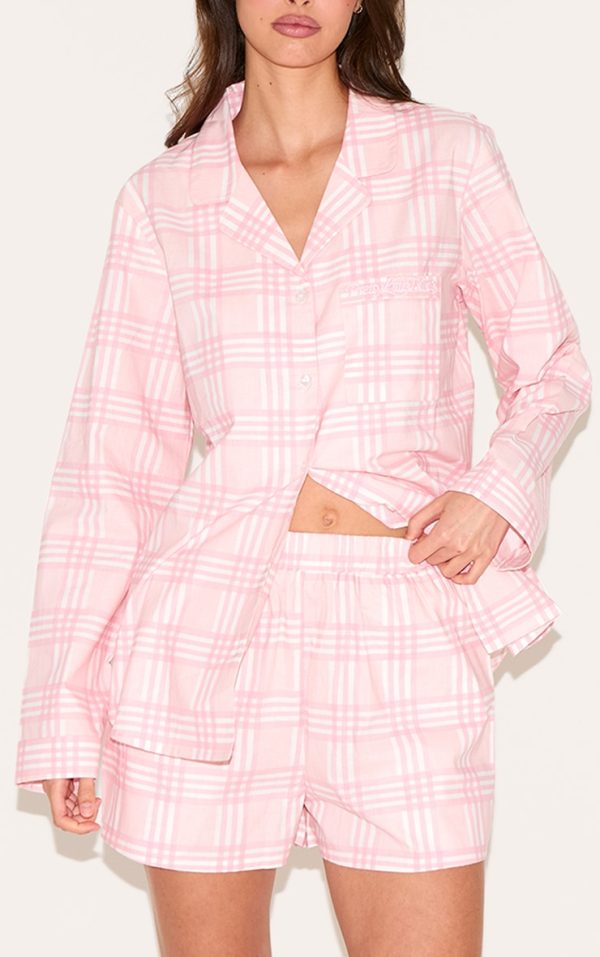 PRETTYLITTLETHING Embroidered Pink Check Short Pj Set