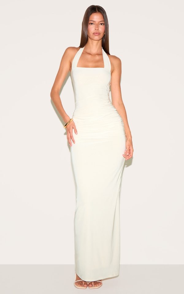 Cream Double Layer Slinky Square Halterneck Drape Detail Maxi Dress