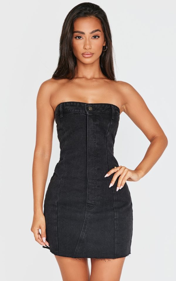 Petite Black Denim Bandeau Mini Dress