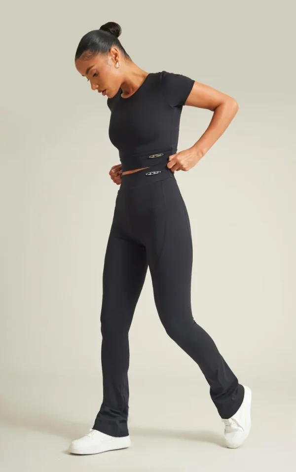 PRETTYLITTLETHING Black Sport Metal Badge Sculpt High Waist Flare Pants