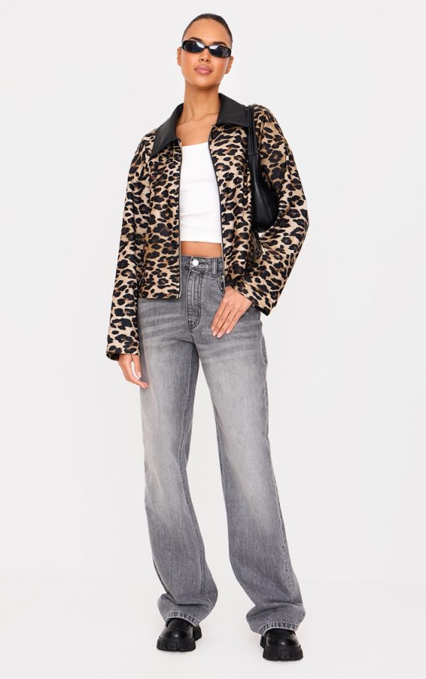 Brown Contrast Faux Leather Leopard Jacket