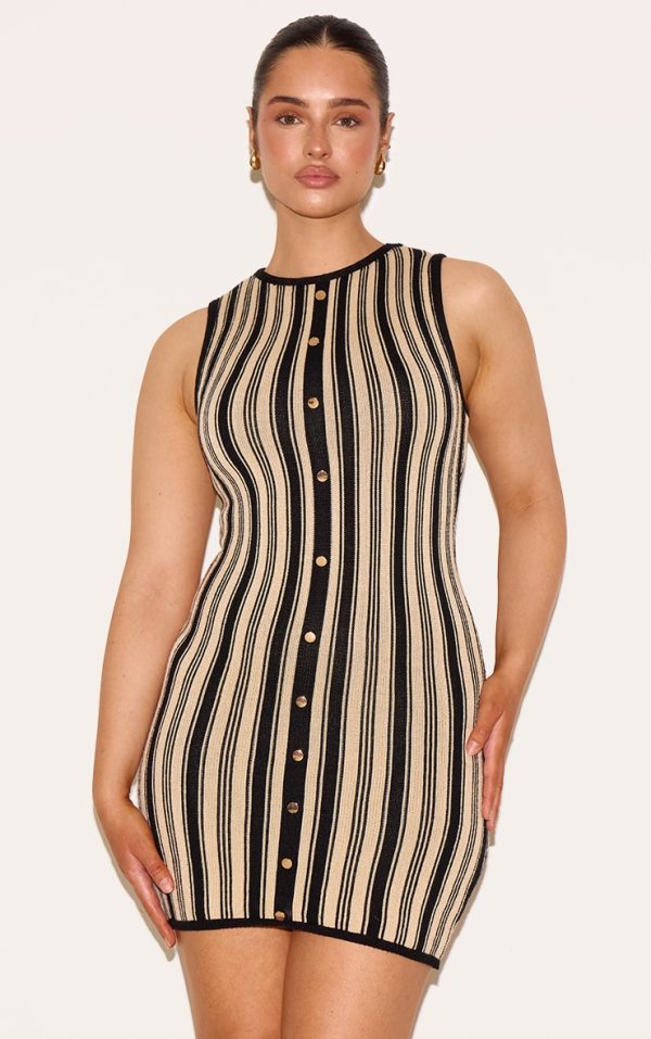Shape Black Knitted Striped Button Front Mini Dress