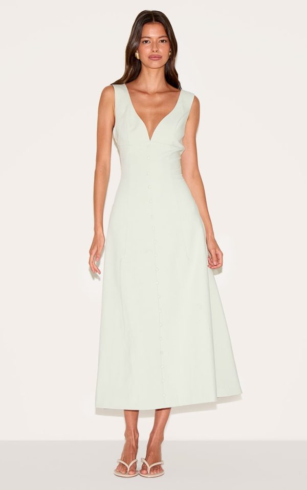 Sage Green Tailored Woven Plunge Button Down Midi Dress