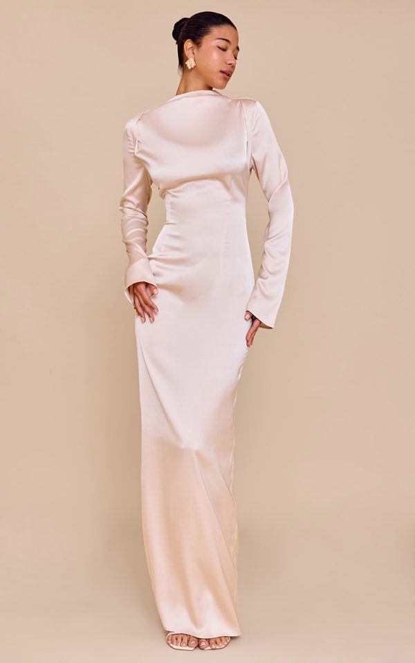 PLT Label Oyster Satin Cowl Back Maxi Dress