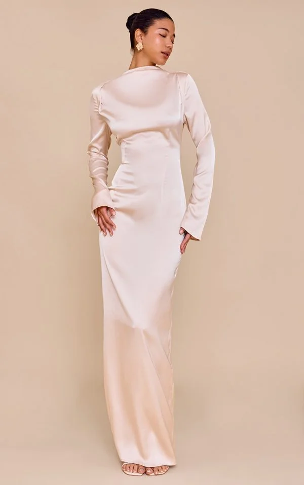 PLT Label Oyster Satin Cowl Back Maxi Dress