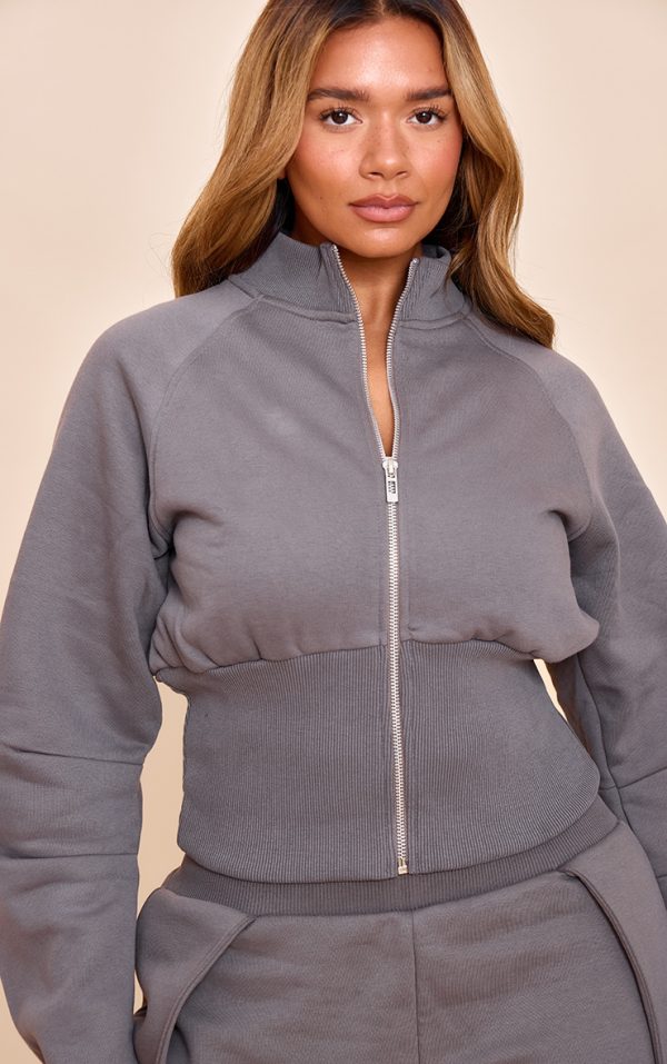 Shape Charcoal Cinched Waist Cocoon Sleeve Zip Up Jacket