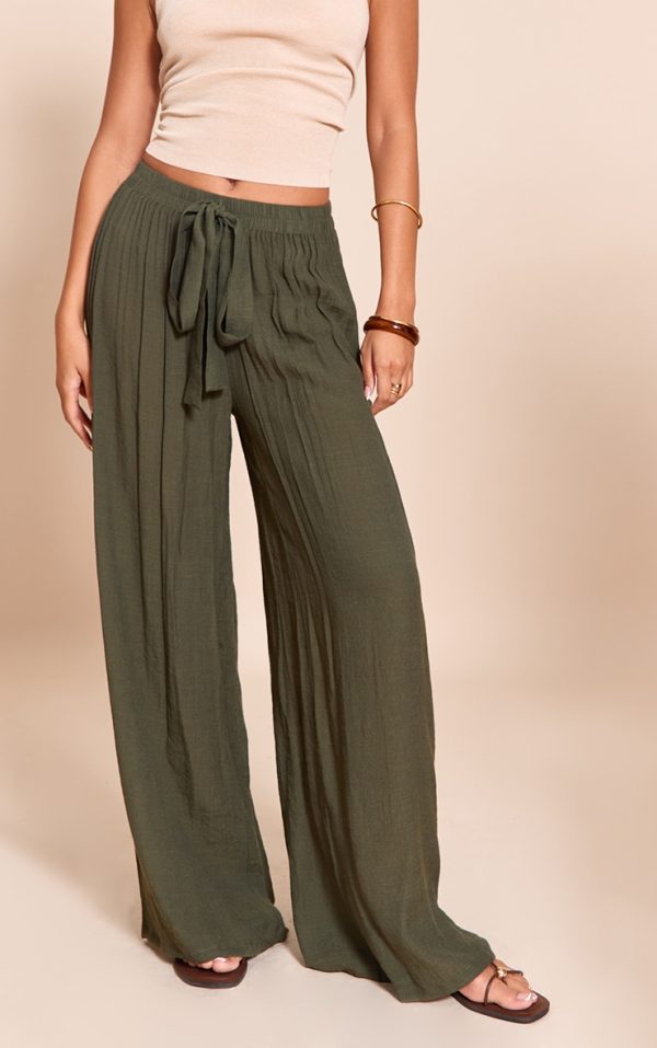 Khaki Linen Look Textured Woven Palazzo Beach Pants
