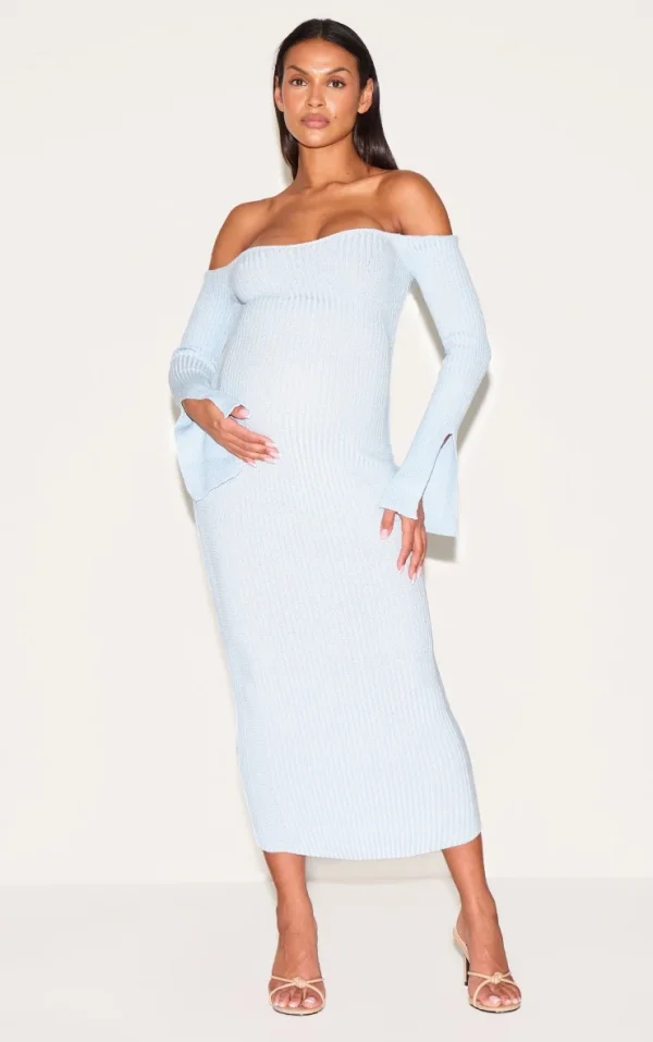 Maternity Baby Blue Off The Shoulder Contrast Knit Midaxi Dress