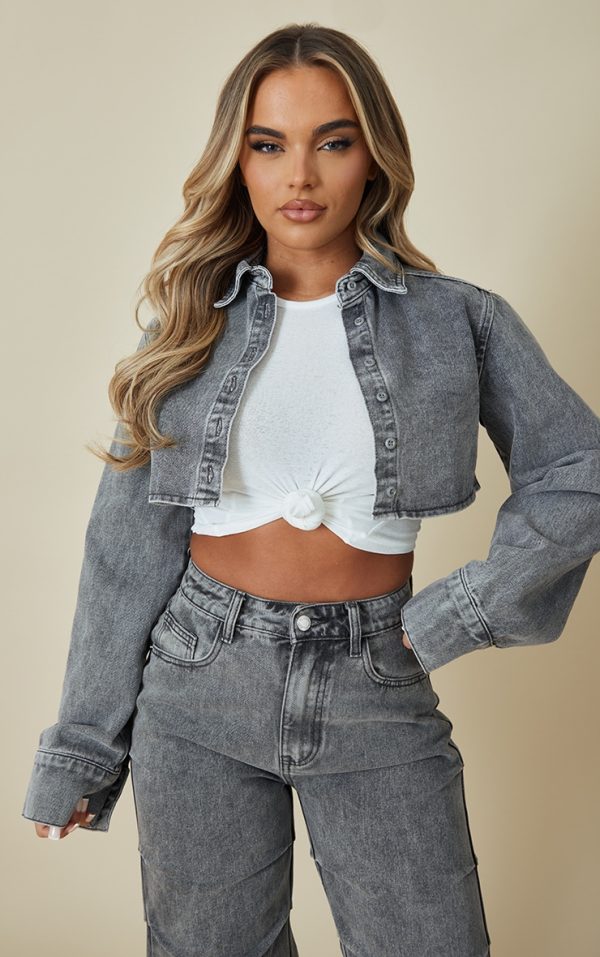 Washed Grey Denim Cropped Shirt