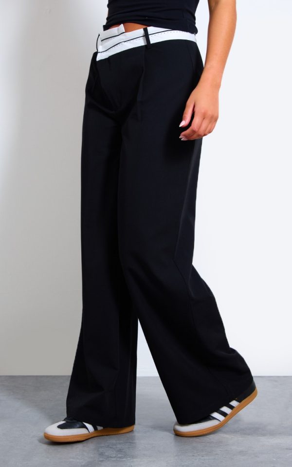 Black Contrast Double Waistband Tailored Straight Leg Pants