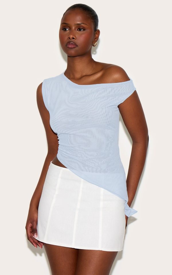 Sky Blue Double Layer Asymmetric Neck Mesh Top