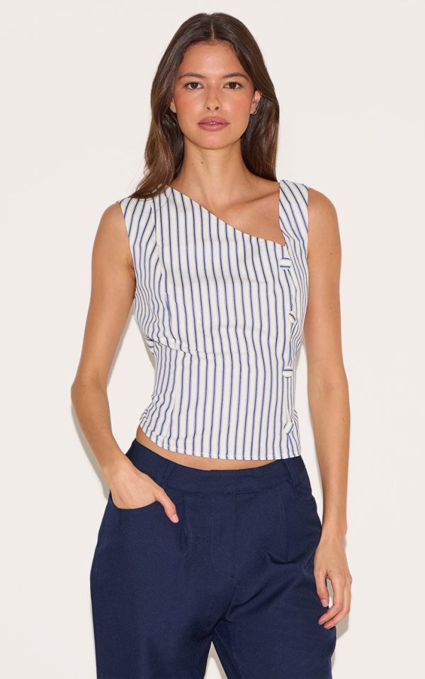 Blue Striped Asymmetric Fitted Vest