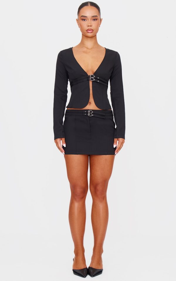 Black Tailored Woven Buckle Detail Low Rise Mini Skirt
