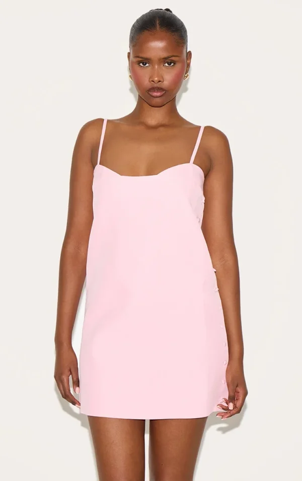Pink Woven Side Button Detail Mini A-line Dress