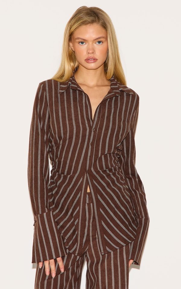 Brown Striped Asymmetric Cinched Deep Cuff Shirt