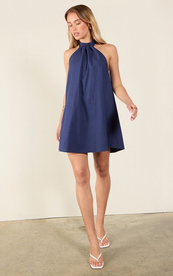 Indigo Blue Linen-Blend Ruched Halterneck Shift Dress