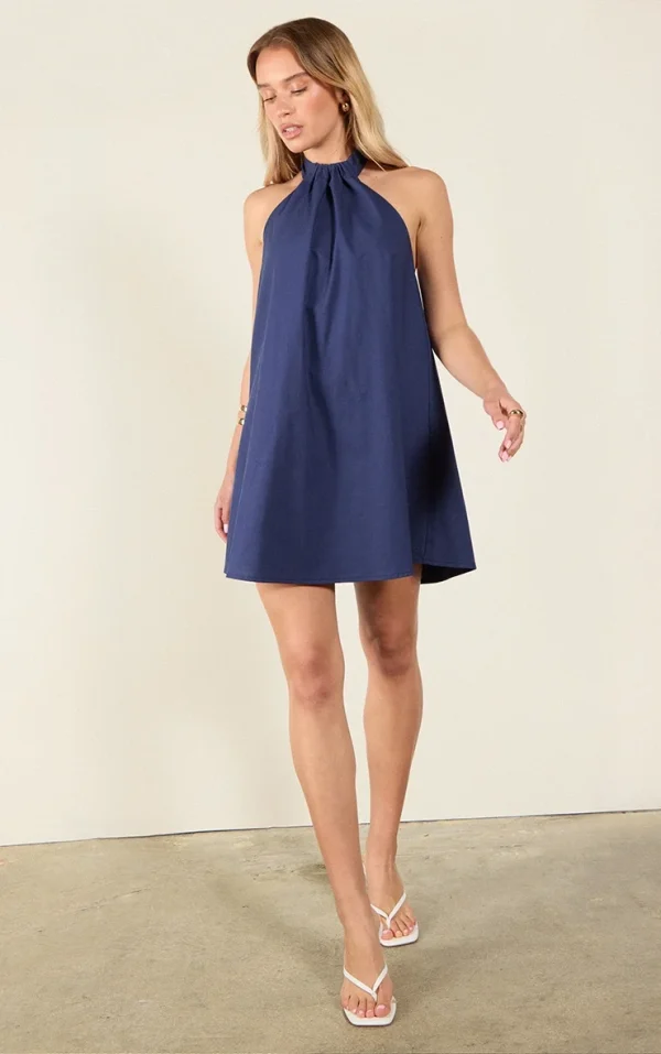 Indigo Blue Linen-Blend Ruched Halterneck Shift Dress