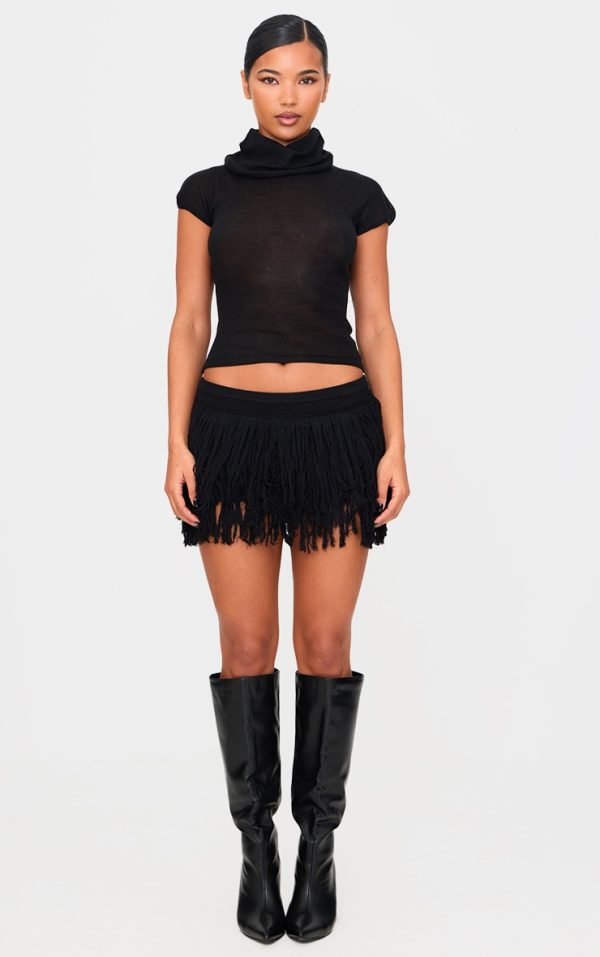 Black Fine Knit Fringe Hem Mini Rara Skirt