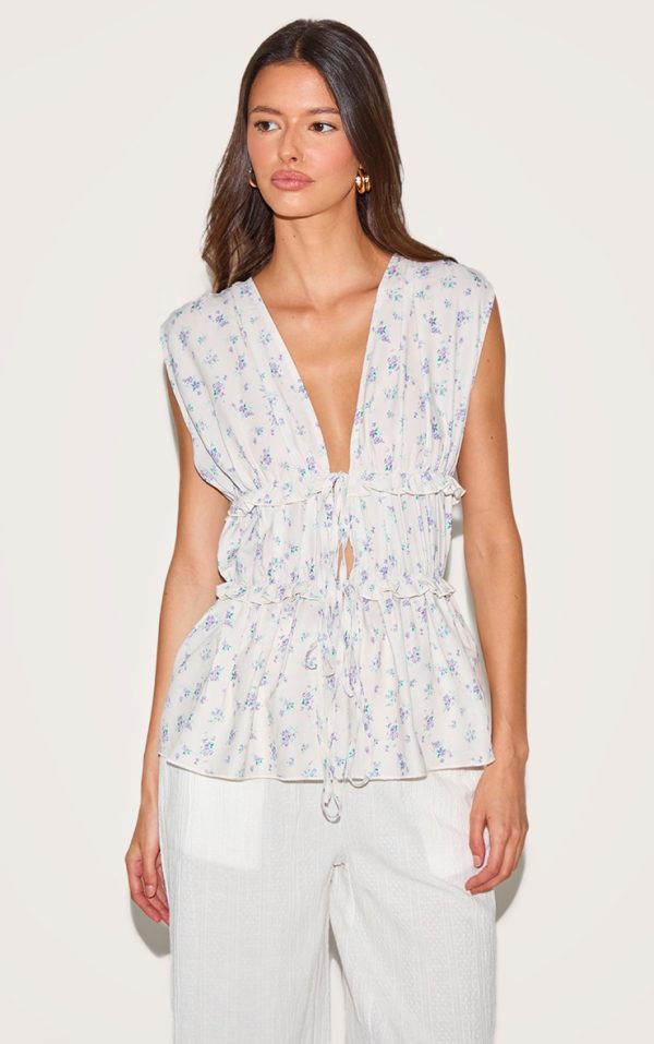 Cream Floral Chiffon Tie Front Top