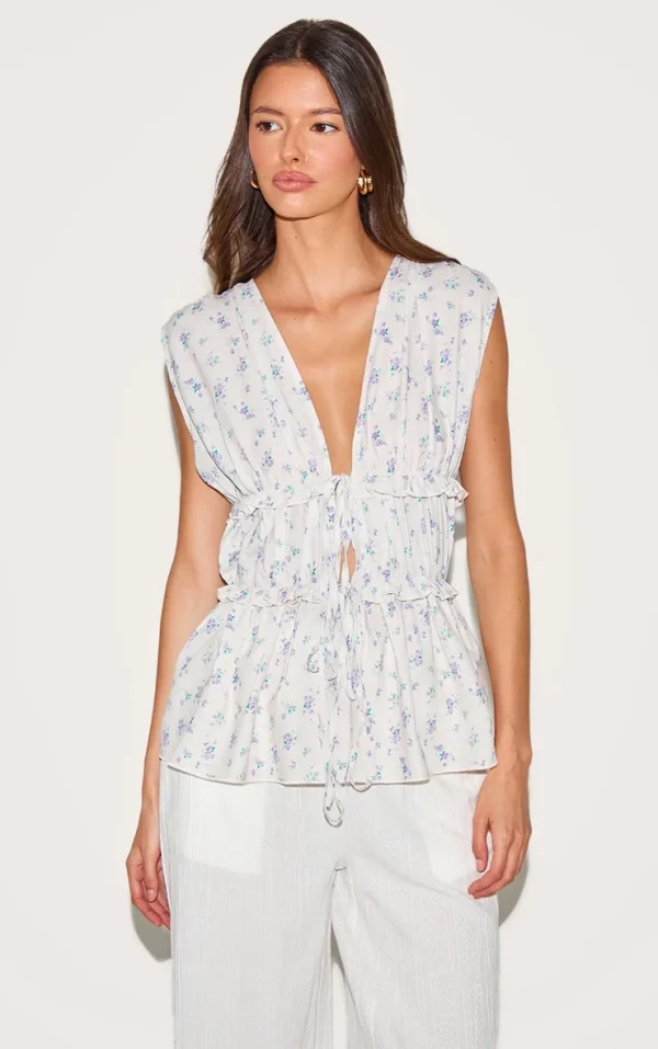 Cream Floral Chiffon Tie Front Top