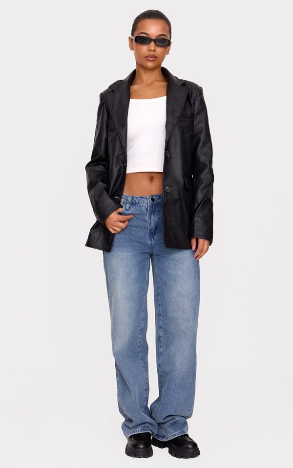 Washed Black Textured Faux Leather Blazer