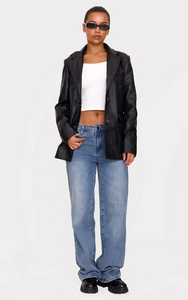 Washed Black Textured Faux Leather Blazer