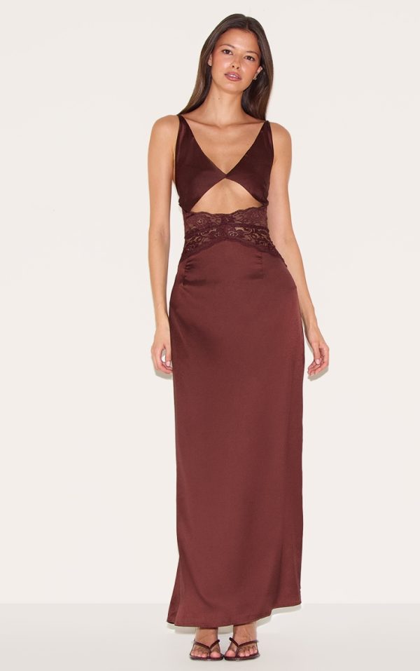 Chocolate Satin Lace Insert Maxi Dress