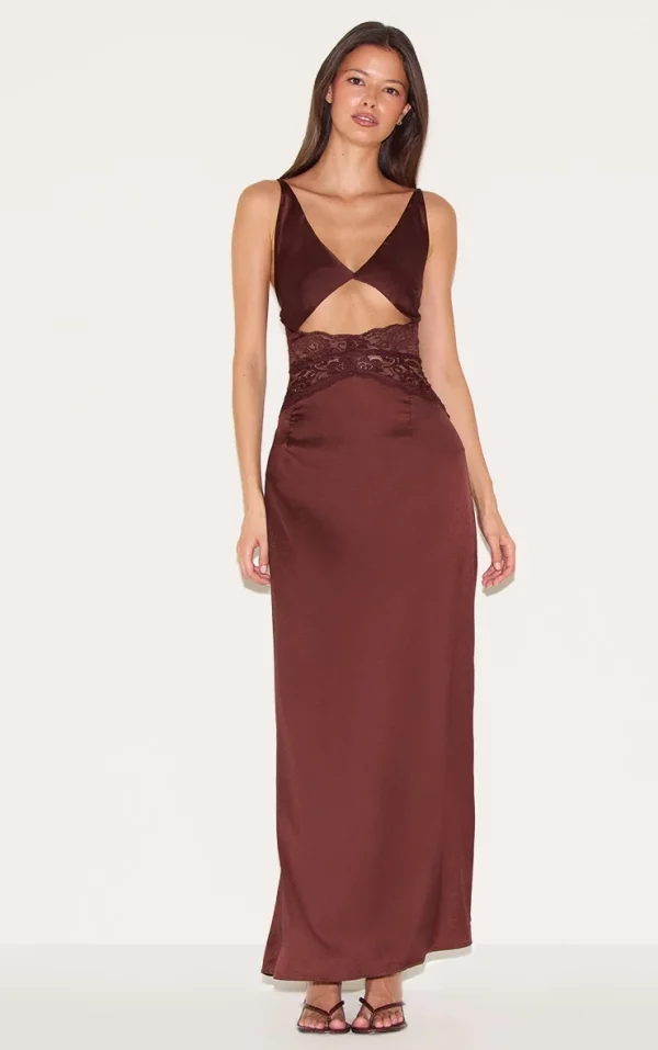 Chocolate Satin Lace Insert Maxi Dress