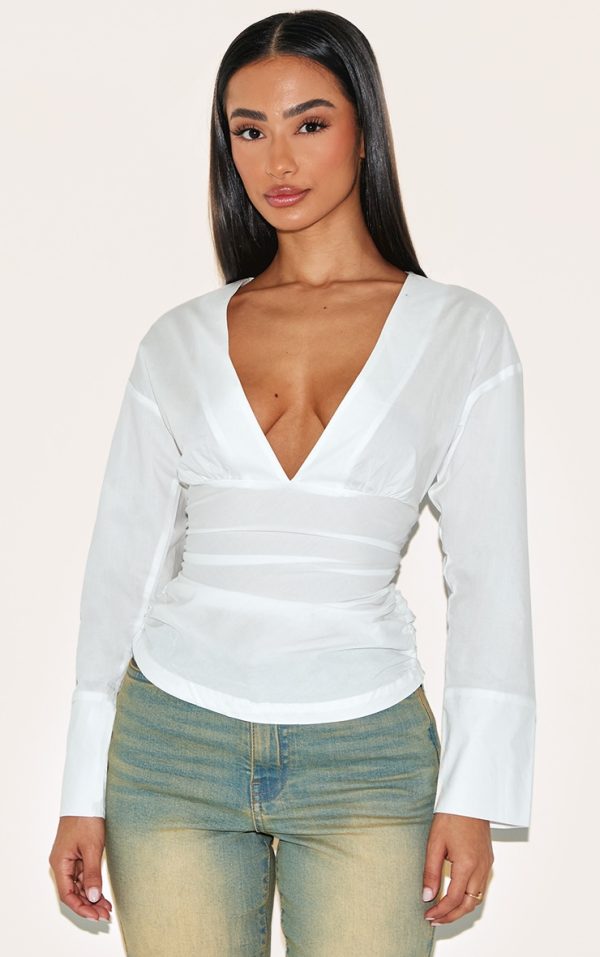 Petite White Fitted Ruched Waist Shirt