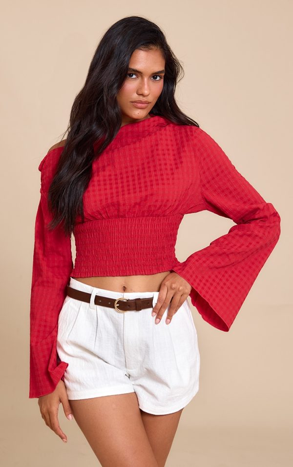 Red Asymmetric Ruched Detail Top