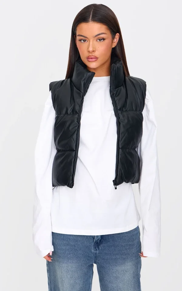 Black Faux Leather Drop Hem Vest