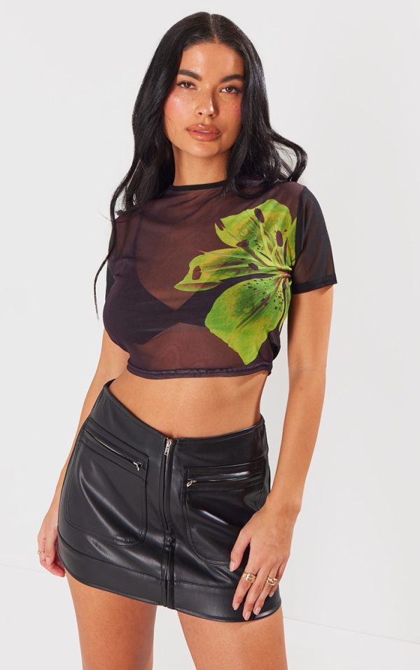 Black Flower Printed Mesh T Shirt