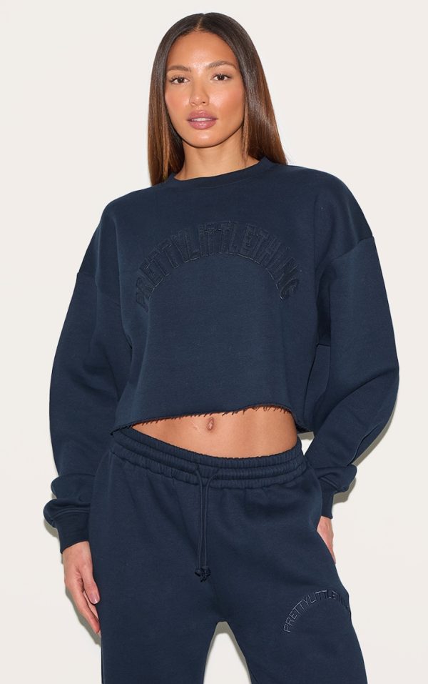 Tall Navy Distressed Detail Varsity Cropped Sweatshirt