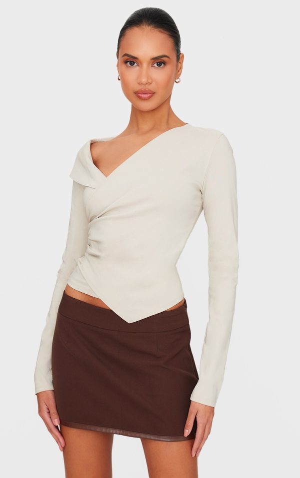 Cream Bengaline Asymmetric Ruched Long Top