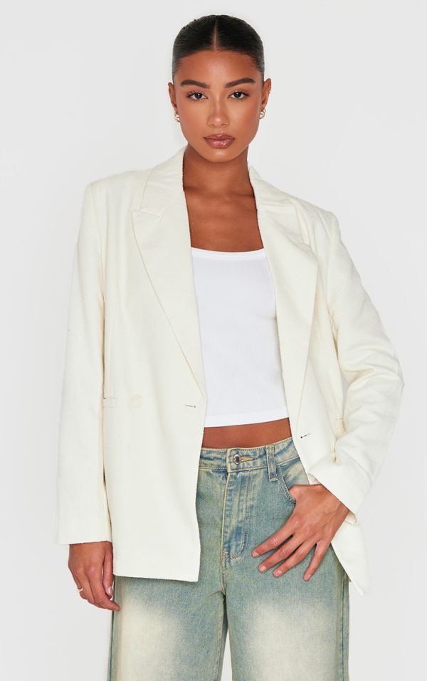 Cream Textured Oversized Drop Shoulder Blazer
